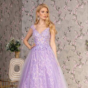 NEW LONG FORMAL A-LINE SLEEVELESS DRESS EMBROIDERED WITH FLORAL PATTERN GL3398